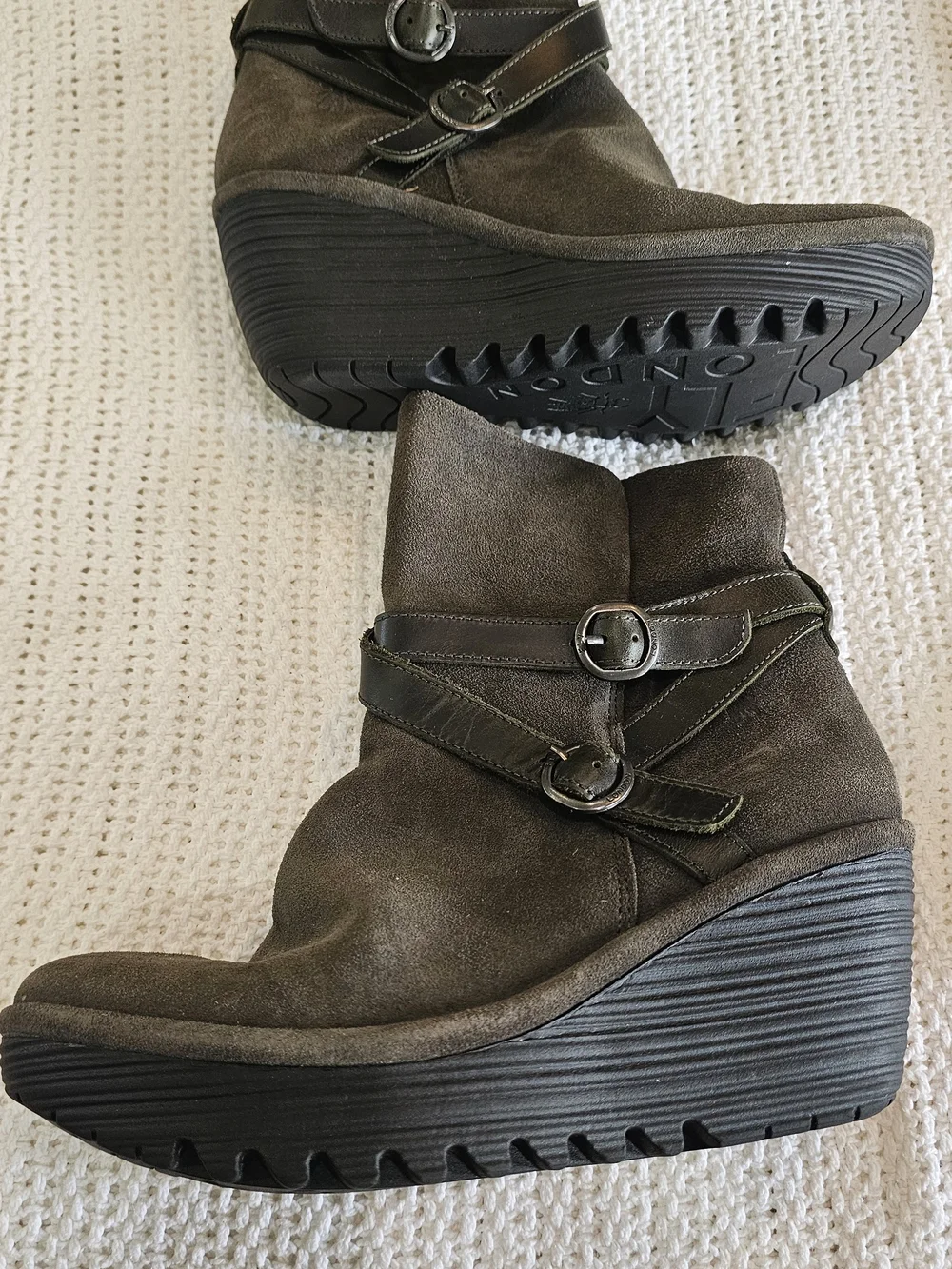 Fly London Olive Suede Wedge Ankle Boots